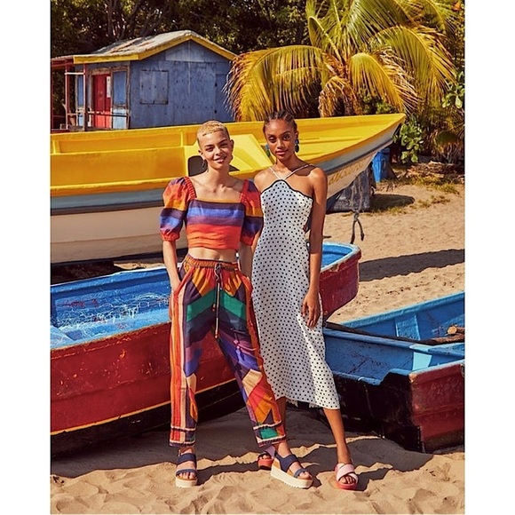 FARM RIO Linen Rainbow Striped Square Neck Smocked Puff Short Sleeve Crop Top XS - Picture 4 of 13